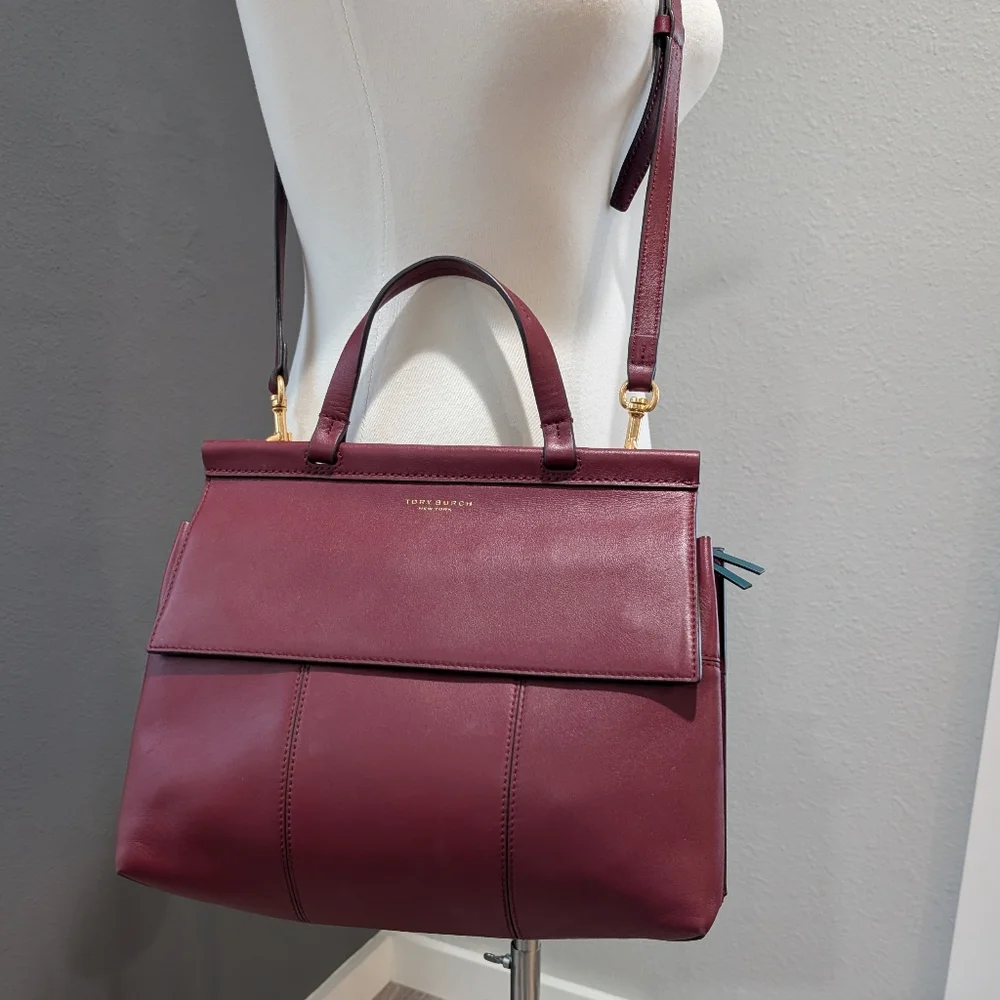 Tory Burch Vine Red The Block-T Leather Satchel